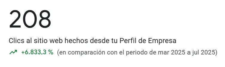 208 clics al sitio web desde el Perfil de Empresa, un 6.833 % más