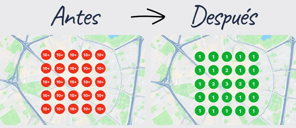 Geogrid de un negocio local antes y después de optimizar su ficha de Google, pasando de posiciones bajas a los primeros puestos alrededor de su zona