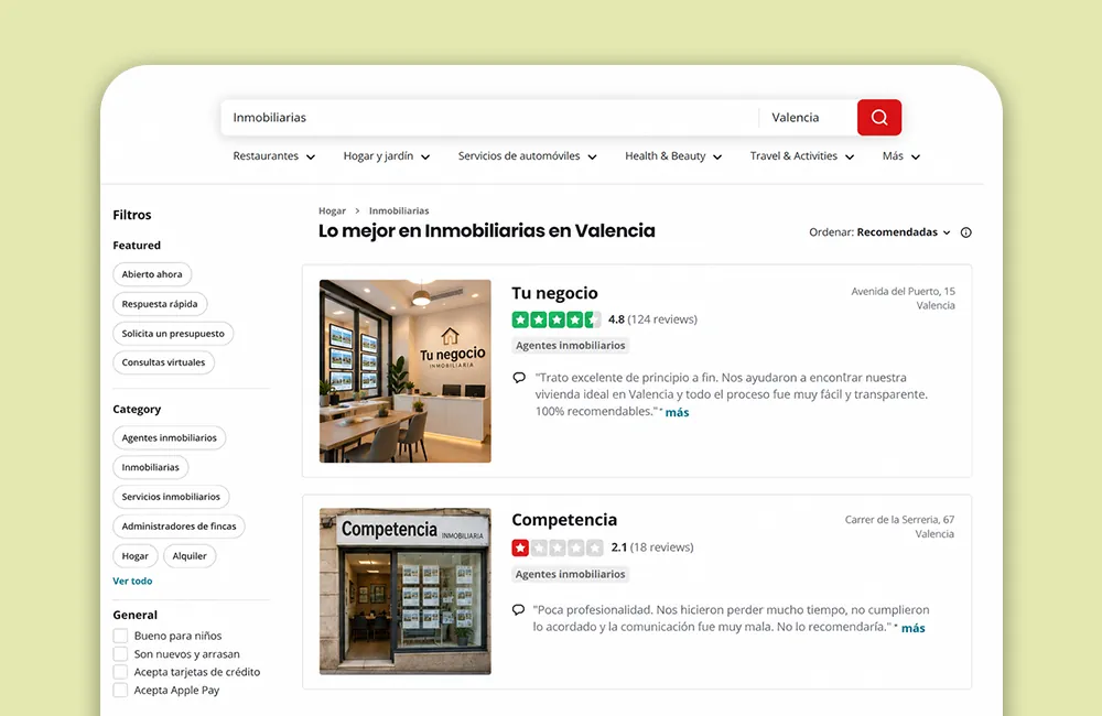 Citaciones y directorios con los datos del negocio consistentes en distintos listados