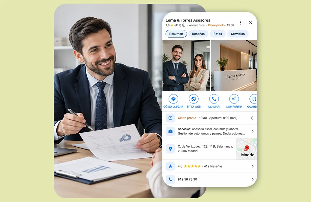 Ficha de Google con la información del negocio actualizada: nombre, categoría, servicios y atributos